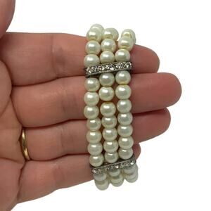 Vintage Faux Pearl Triple Strand Bracelet Metallic Bar Rhinestone